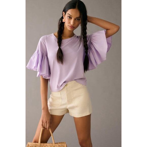 Maeve Anthropologie Ruffle-Sleeve Tee Blouse Top Solid Ribbed Lavender Sz M - Picture 1 of 11